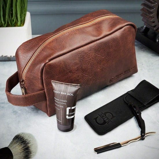Stylish Leather Dopp Kit and Personalized Straight Razor Shaving Kit as 30th Birthday Gift
