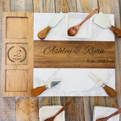 Anniversary Elegance Charcuterie Board: Marble and acacia wood serving board with personalized engraving, luxury 4th anniversary gift