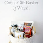 A beautifully arranged coffee gift basket featuring various coffee beans, mugs, and treats, perfect for gifting.
