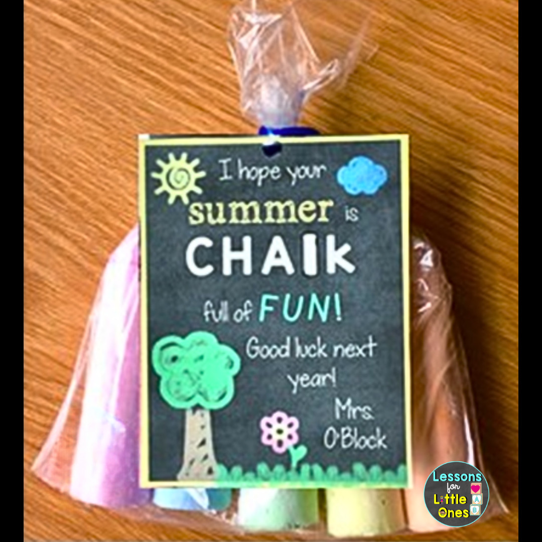 Delightful end of school year editable gift tag for sidewalk chalk presents, featuring customizable text and a fun chalk design for students.