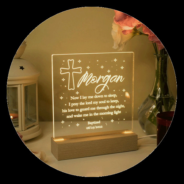 Personalized Nursery Night Light with Name from Enjoy the Gifts Shop, a comforting and custom baptism gift, featuring baby's name and baptism date.