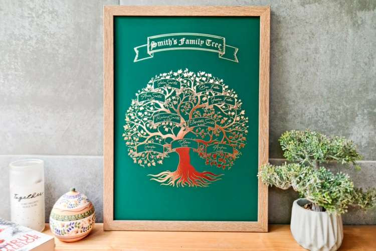 Family tree artwork, a meaningful birthday gift idea for wife, celebrating family heritage and connections (via Etsy)