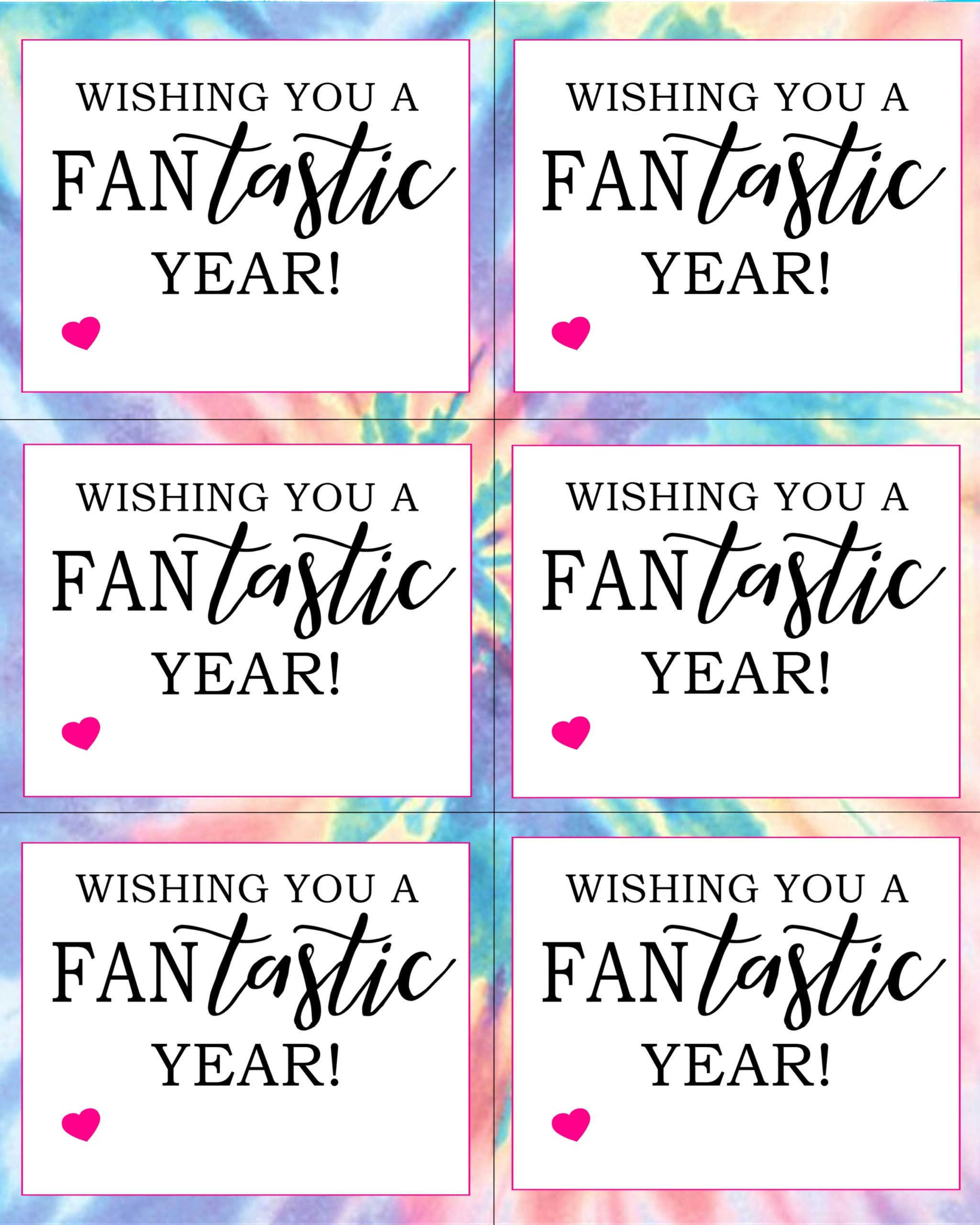 Printable tag design with a fan pun - &quot;FANtastic year&quot;.