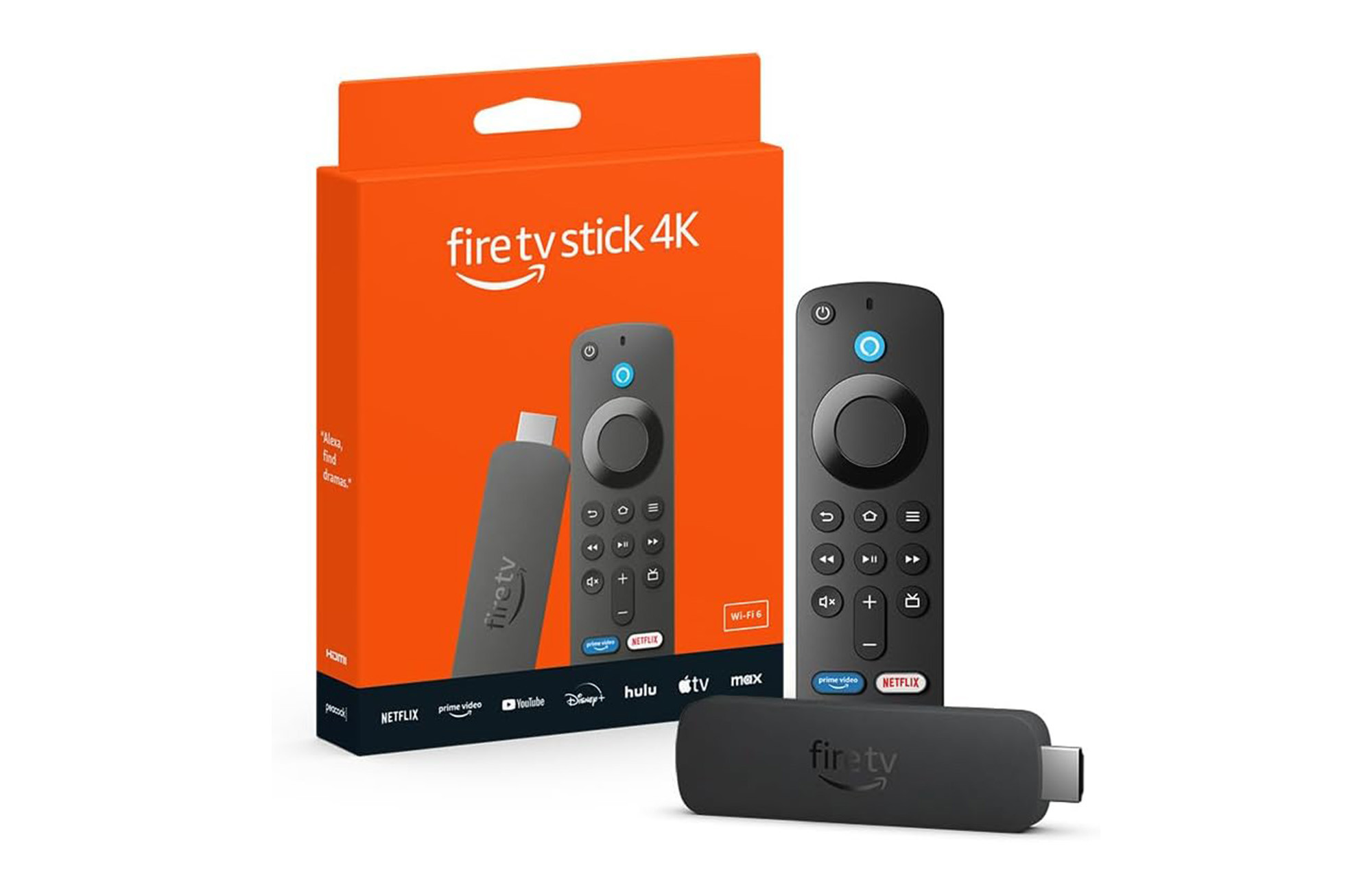 Product image of Amazon Fire TV Stick 4K with remote, highlighting its compact design and capabilities for streaming entertainment.
