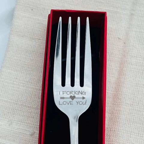 Engraved fork with &quot;I Forking Love You&quot; message in a gift box, a charming and humorous birthday gift for wife to express affection.
