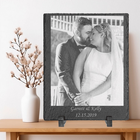 Personalized Couple Engraved Photo: Custom slate photo plaque with engraved names and date, rustic 4th anniversary home decor