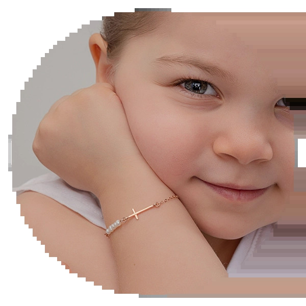 14K Gold Cross &amp; Pearl Bracelet from GlamoristicKids, a dainty and religious baptism gift, perfect as a keepsake for a baby girl or boy.