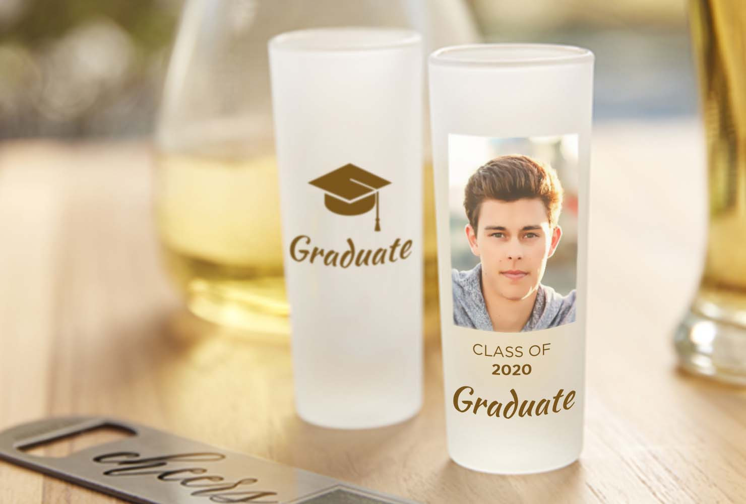 Shutterfly monogrammed shot glasses, suggesting personalized gifts for celebrations and special toasts.