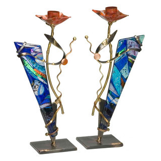 Sabbath Candlesticks With Fused Triangular Glass