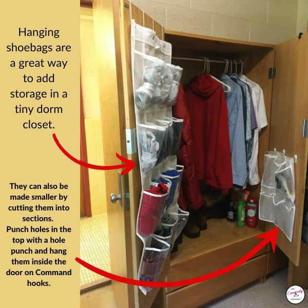 Over-the-door shoe bag used for closet organization in a dorm