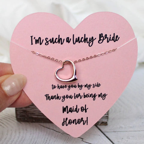 Dainty heart bridal necklace with &quot;Thank you for being my maid of honor&quot; packaging