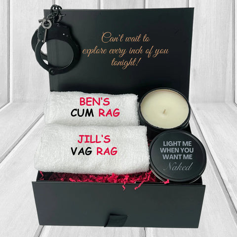 Risqué Romance Gift Set including handcuffs, candle, and funny towels, a spicy and humorous gift for couples