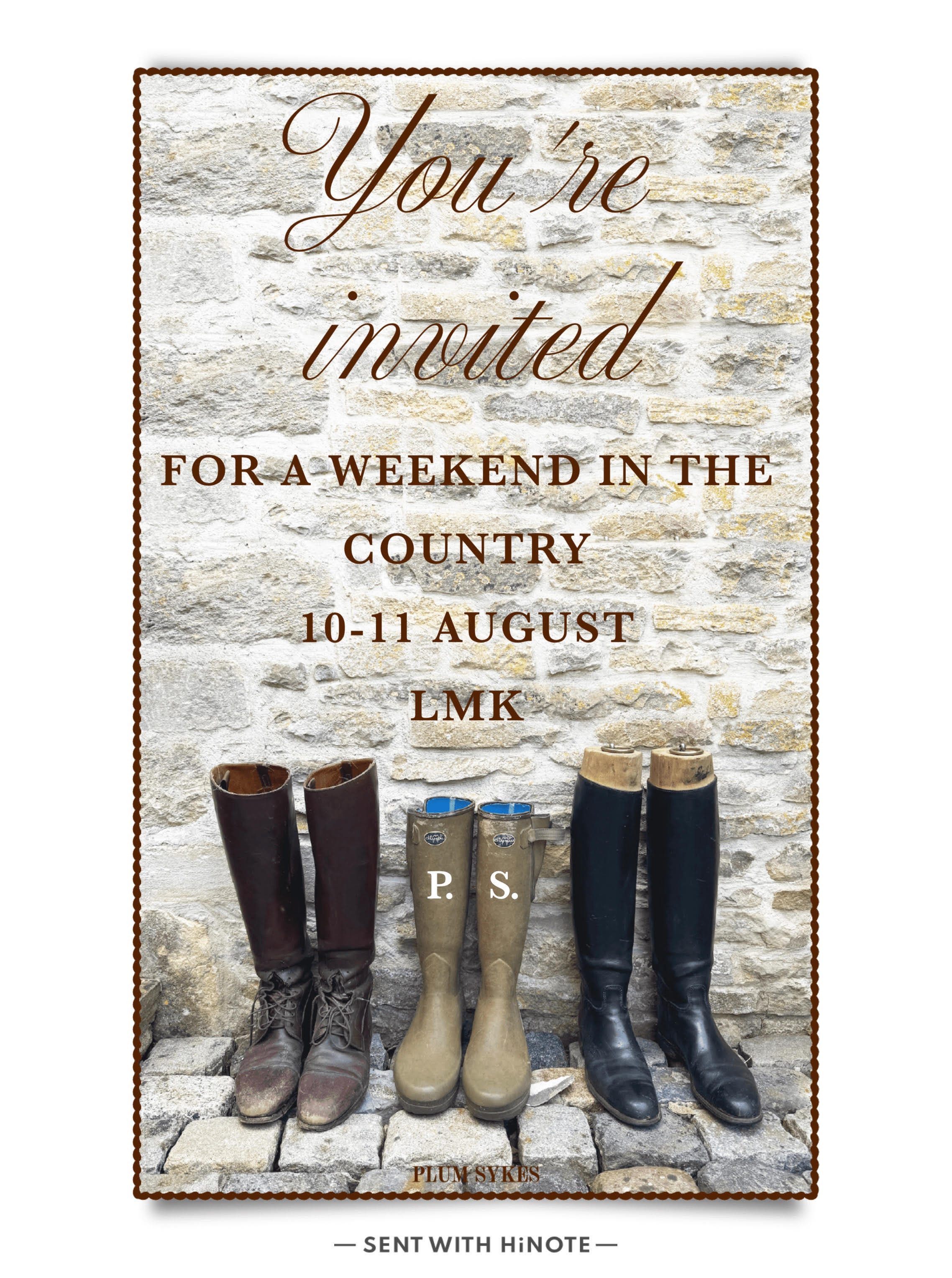 A row of muddy boots on a stone wall, symbolizing a welcoming country house and anticipation of guests