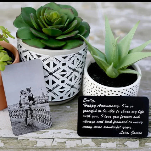 Sentimental Engraved Picture Wallet Insert Card: Black aluminum wallet card with custom photo and text engraving, personal 4th anniversary keepsake