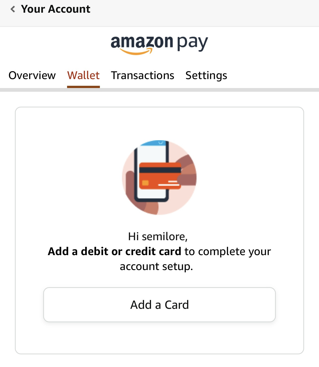 Screenshot showing the &quot;Add a card&quot; option within the &quot;Your Payments&quot; section, prompting users to input card details