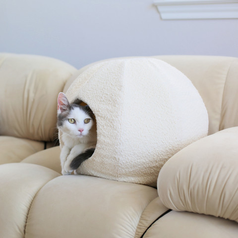 Catenary Moon Cat Cave in bouclé, a minimalist gift for cat owners