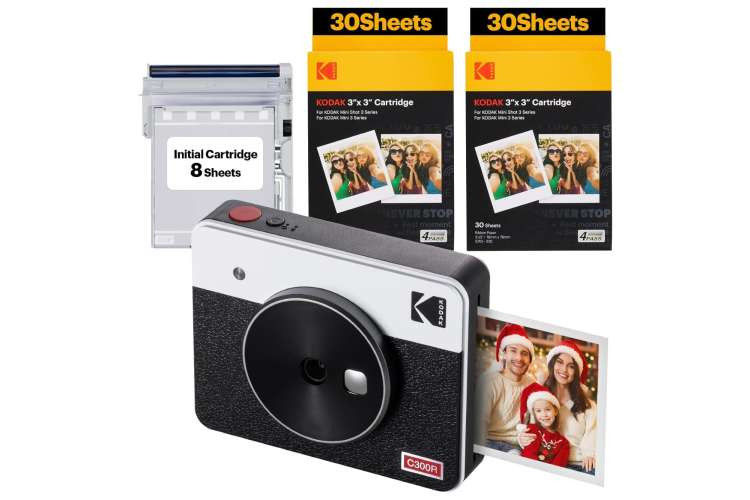A young woman happily taking a photo with an instant camera outdoors, capturing a moment of spontaneity