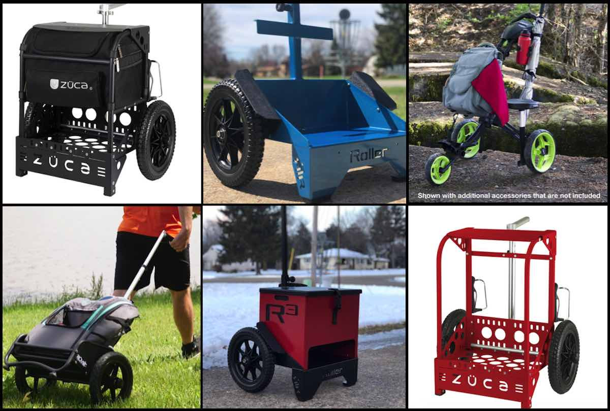 Collage of disc golf carts from ZÜCA, Ridge Roller, Clicgear, and MVP