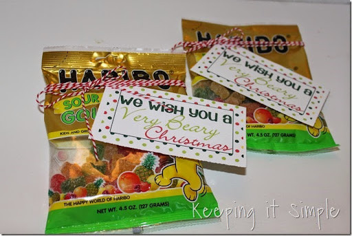 Bag of sour gummy bears with a printable tag saying &quot;Have a Beary Merry Christmas&quot;.