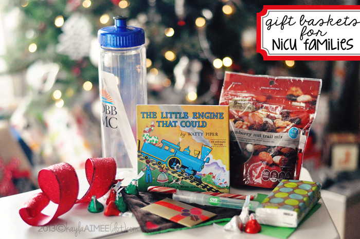 Holiday NICU Care Package Gift Basket Ideas showcasing various items like blankets, books, and water bottles