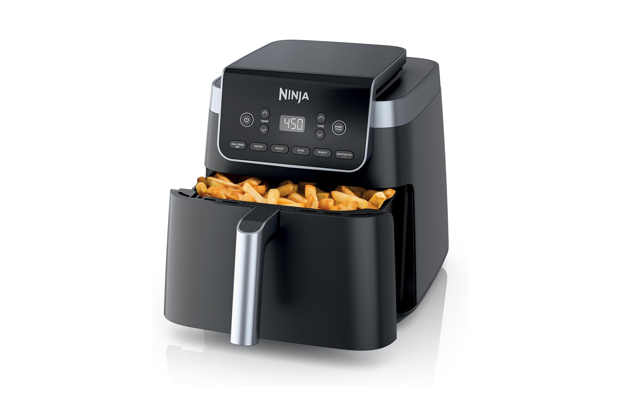 Ninja Air Fryer Pro XL, displaying its controls and large capacity, emphasizing its versatility for cooking various meals quickly and healthily.