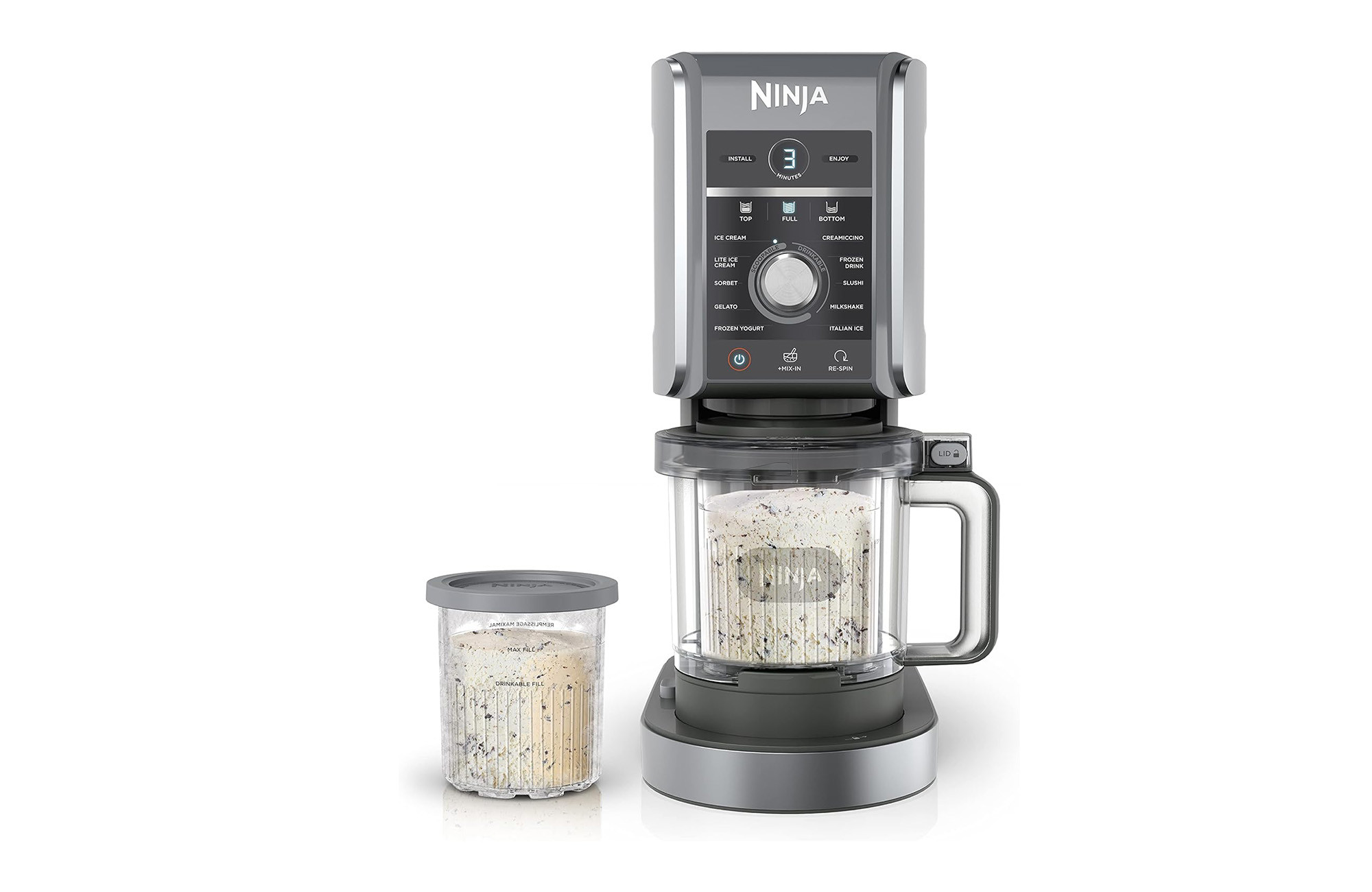 Ninja CREAMi Ice Cream Maker, showcasing its design and controls, emphasizing its capability to make various frozen treats at home.