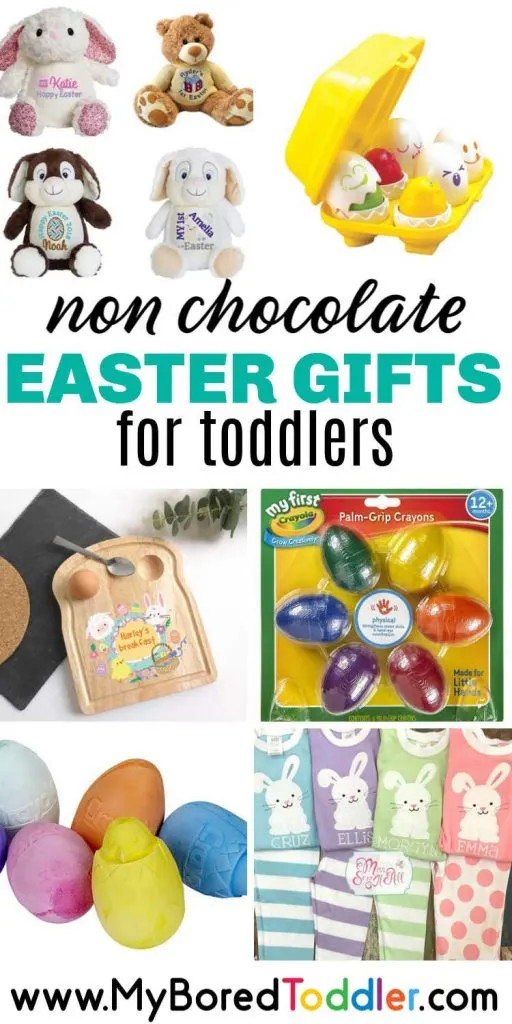 A toddler happily playing with a plush bunny toy, surrounded by colorful easter eggs and a basket filled with non-chocolate gifts.