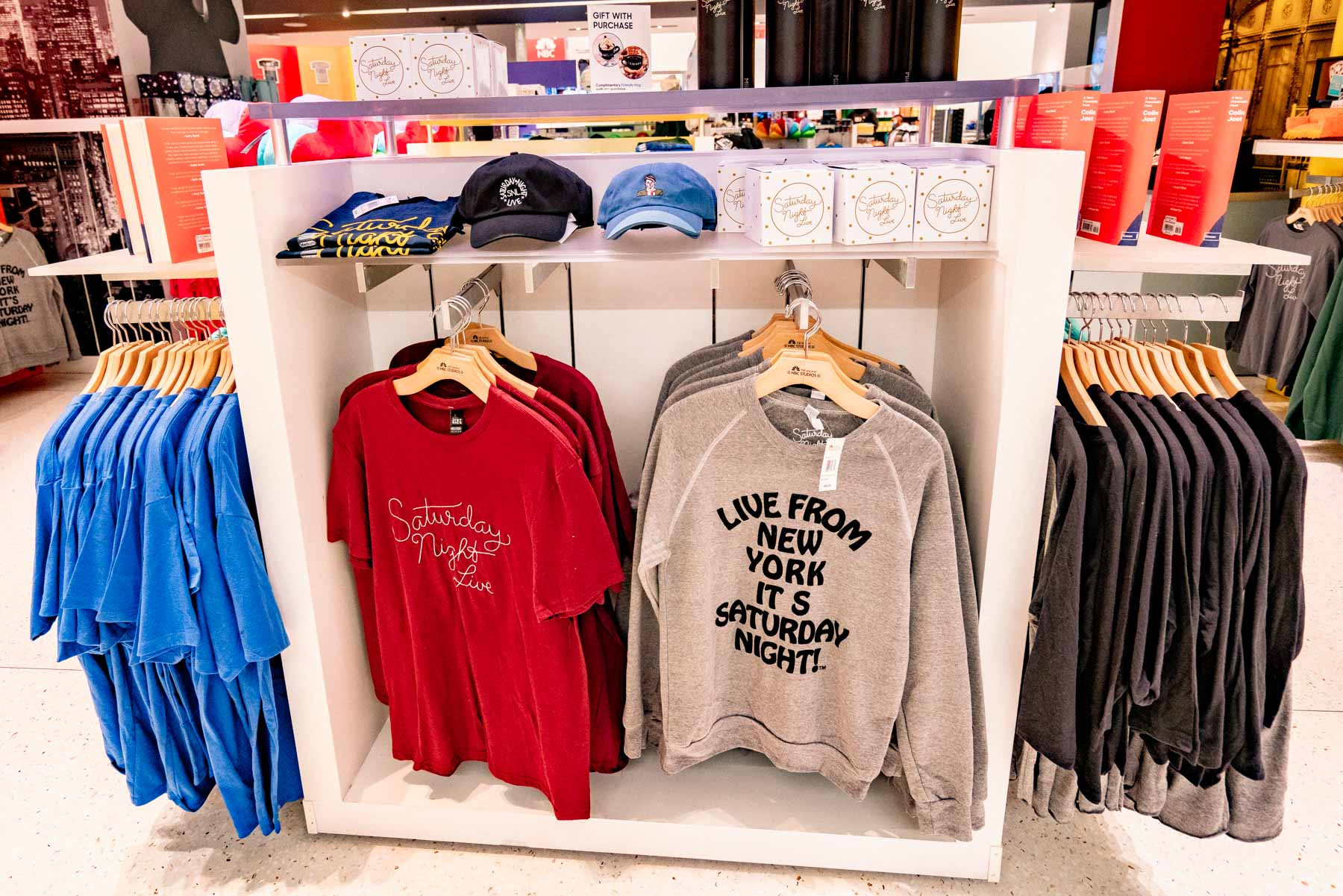 Sweaters and shirts from Saturday Night Live at the NBC store in the Rockefeller Center, one of the best gift shops in NYC