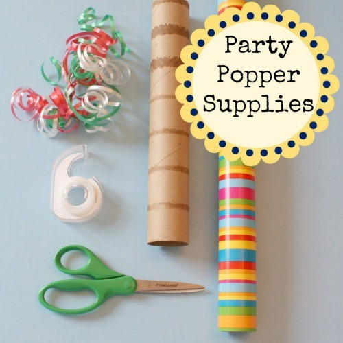 Supplies needed to make inexpensive birthday poppers: paper towel roll, wrapping paper, ribbon, tape, filler, prizes.