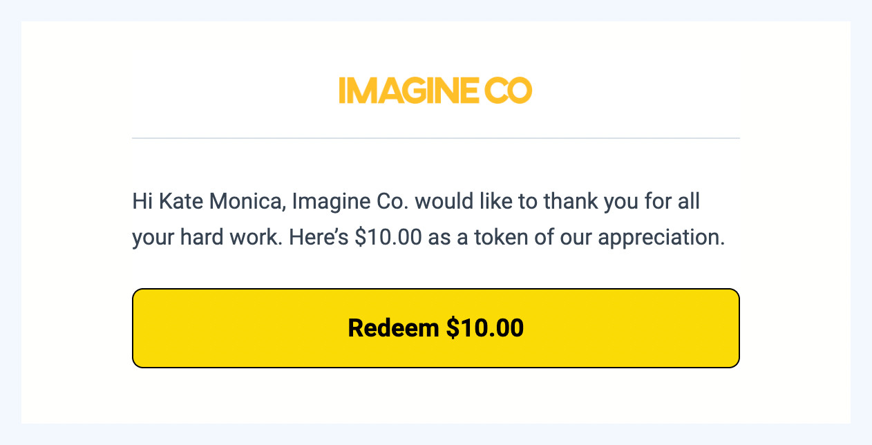 Tremendous payout notification email branded by the sending company, showing a reward is available.