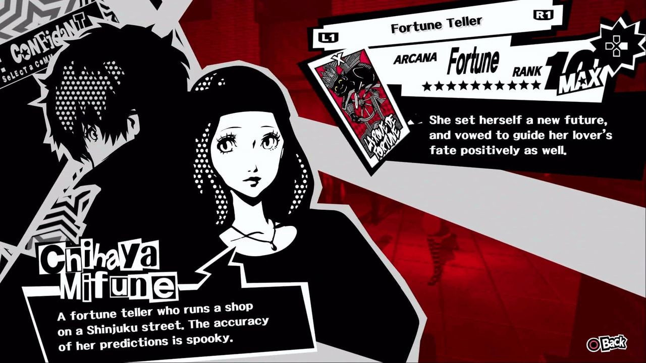 Chihaya Mifune at her fortune telling stand, representing the Fortune arcana and her mystical and gentle personality in Persona 5 Royal.