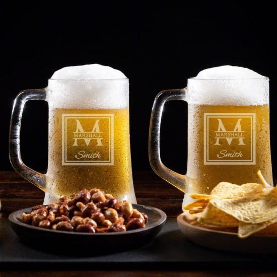 Two Personalized Beer Mugs with Snacks - 30th Birthday Beer Gift Idea