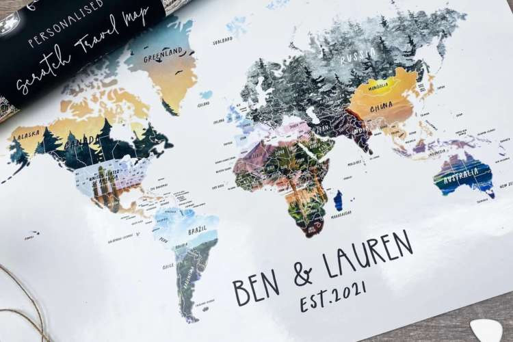 Personalized travel map, a unique random birthday gift idea for wife with wanderlust, tracking visited destinations and inspiring future travels (via Etsy)