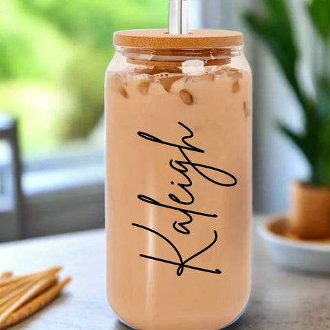 Chic Personalized Iced Coffee Glass with Bamboo Lid