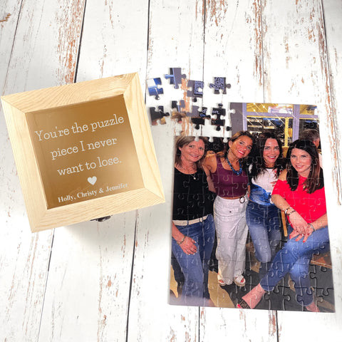 Personalized birthday puzzle keepsake with a custom photo, presented in an elegant wooden gift box, offering a fun and sentimental birthday gift for wife.