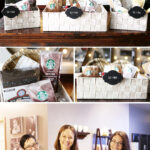 A beautifully arranged Starbucks coffee gift basket featuring mugs, coffee beans, and treats.
