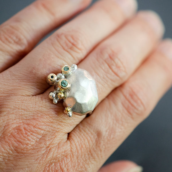 one of a kind tourmaline, 14k yellow gold, and sterling silver ring inspired by nature, rocks and plant life, handmade in Seattle, made in USA
