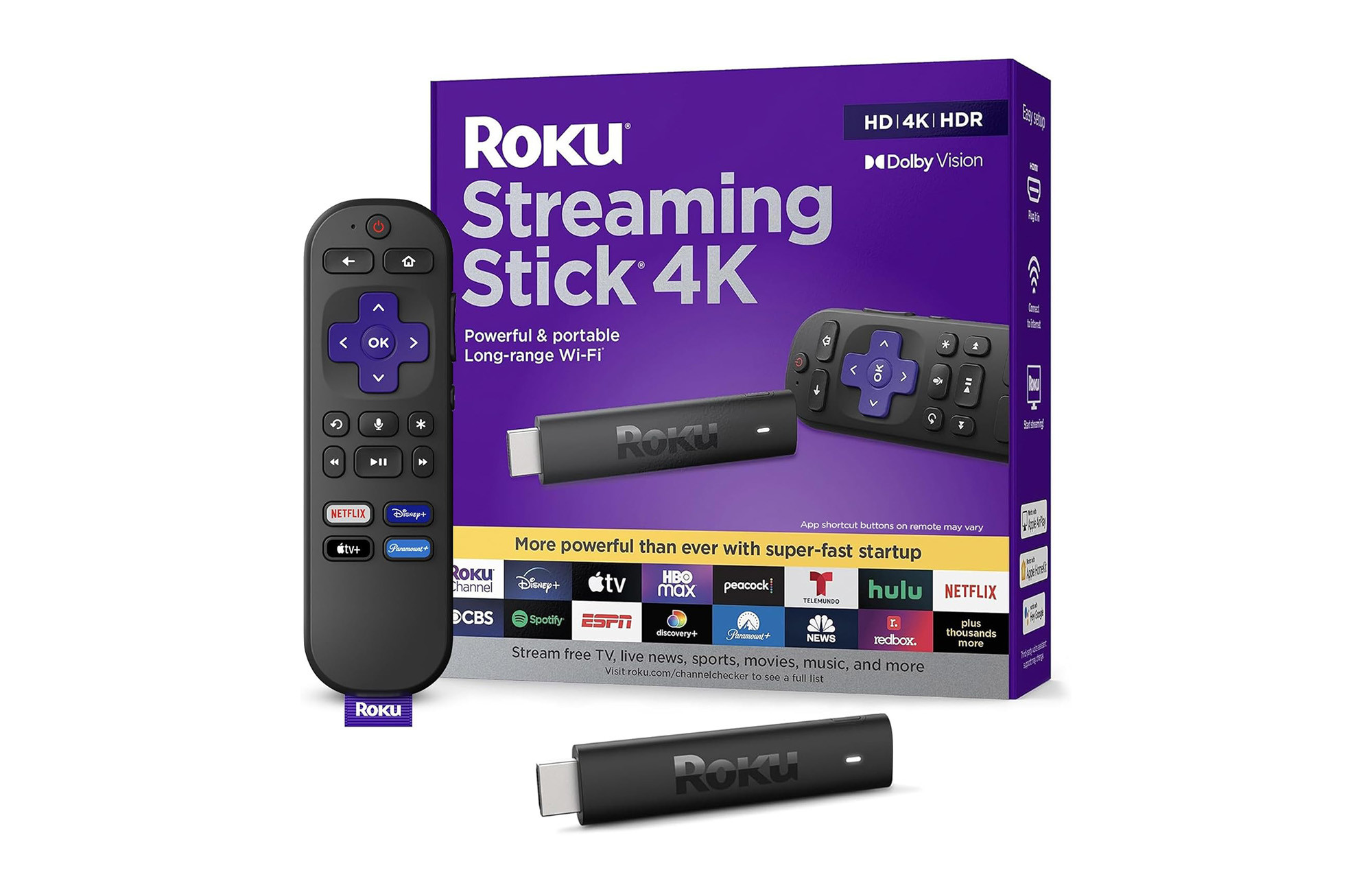 Product shot of Roku Streaming Stick 4K, showcasing its simple plug-in design and remote control for smart TV access.