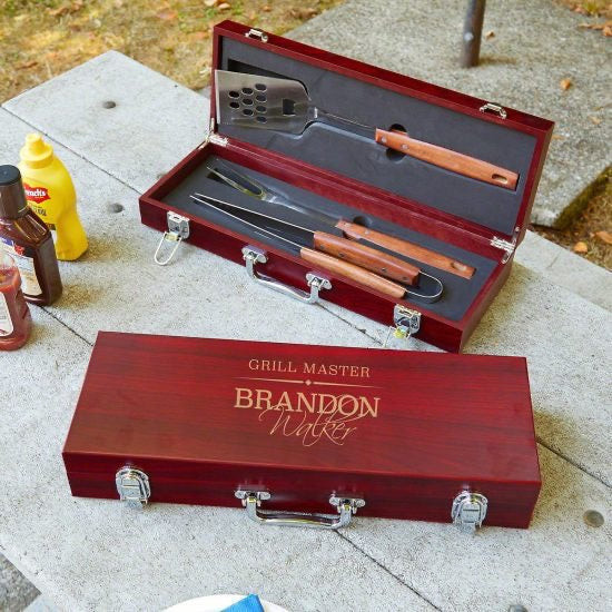 Engraved rosewood grill tools, a practical and personalized 20th anniversary gift for husband who loves grilling and outdoor cooking