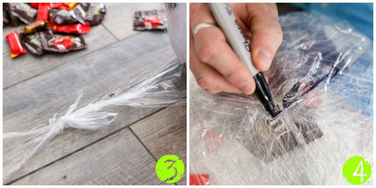 Step-by-step visual guide on assembling a saran wrap ball game, highlighting the wrapping process and prize placement.