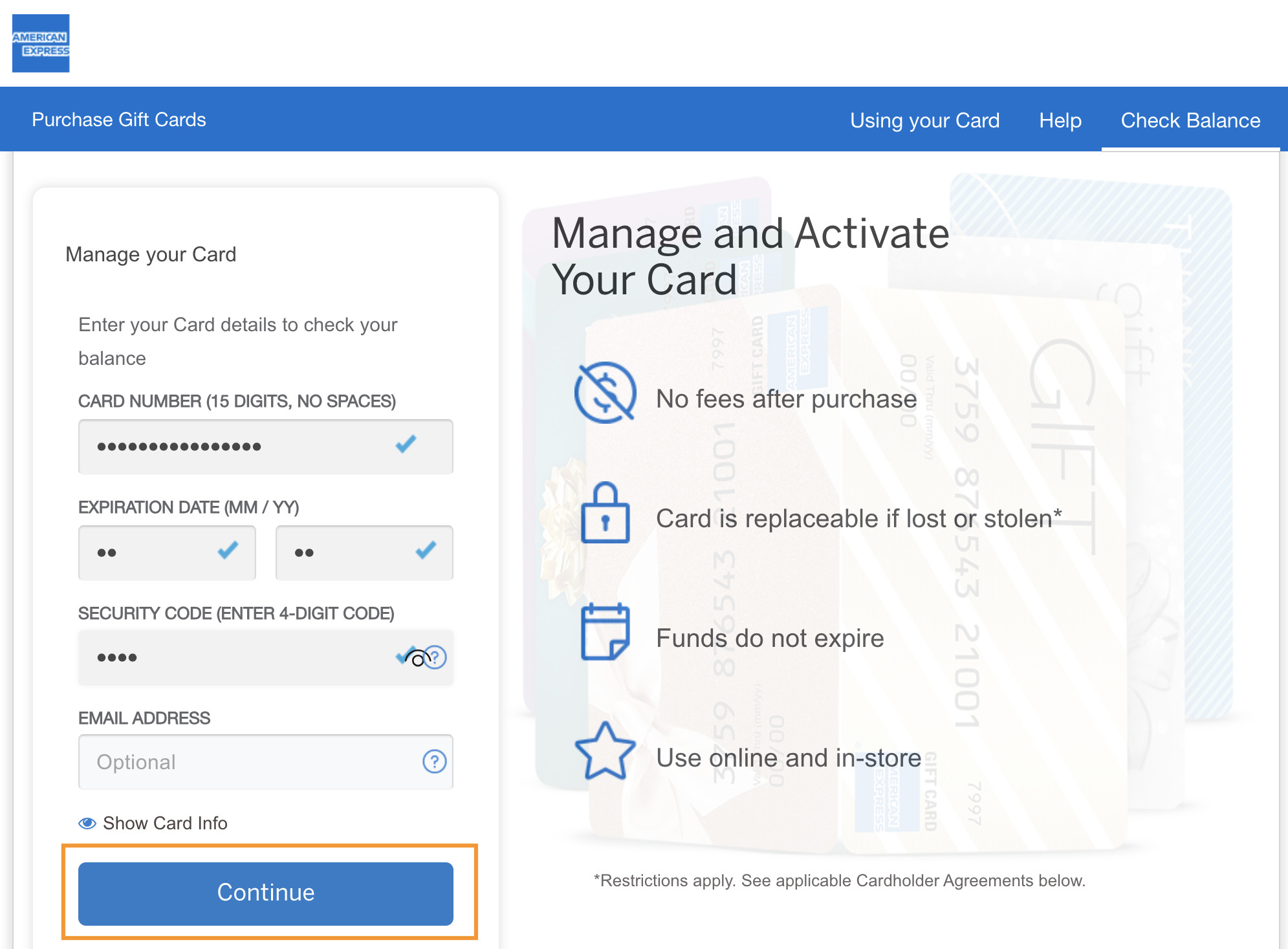 Confirm and Submit AMEX Gift Card Activation Details