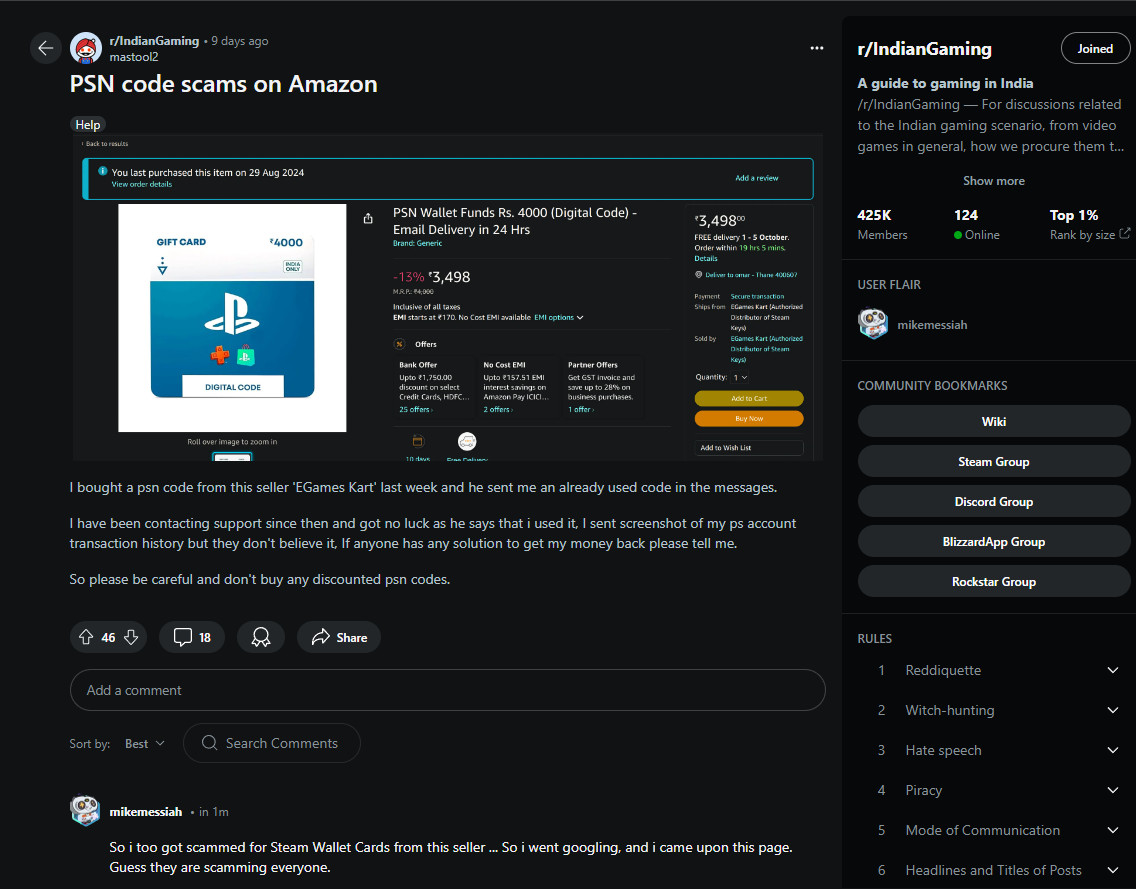 User review mentioning scam on Amazon Steam gift card purchase