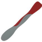 A close-up of a small, red silicone spatula with a wooden handle, showcasing its flexibility and size, perfect for stirring sourdough starter in a jar.