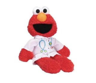 Sesame Street Elmo The Doctor plush toy, dressed in doctor's attire with a stethoscope, ready for imaginative play.