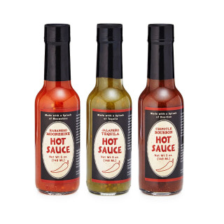 A trio of booze-infused hot sauces, a spicy and funny gift for adventurous eaters