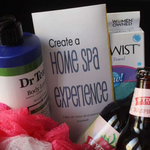 Image of a spa gift basket with homemade spa pamphlet, thoughtful DIY gift