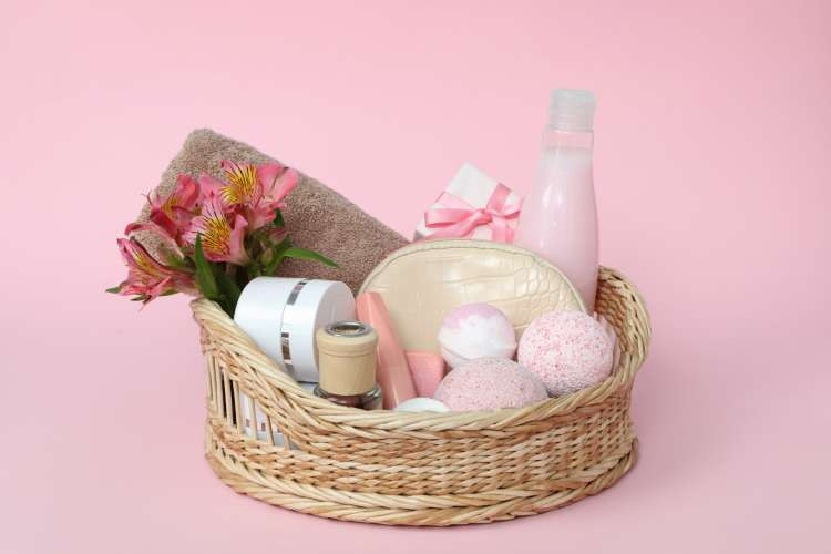 Spa gift basket, a pampering wellness birthday gift idea for wife, creating a home spa experience and promoting self-indulgence (via Canva)