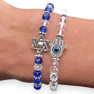 Stacking Glass Beaded Hamsa &amp; Jewish Star Bracelet