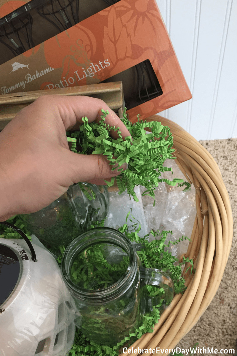 Basket filler options including shredded paper and tissue paper for gift basket bases