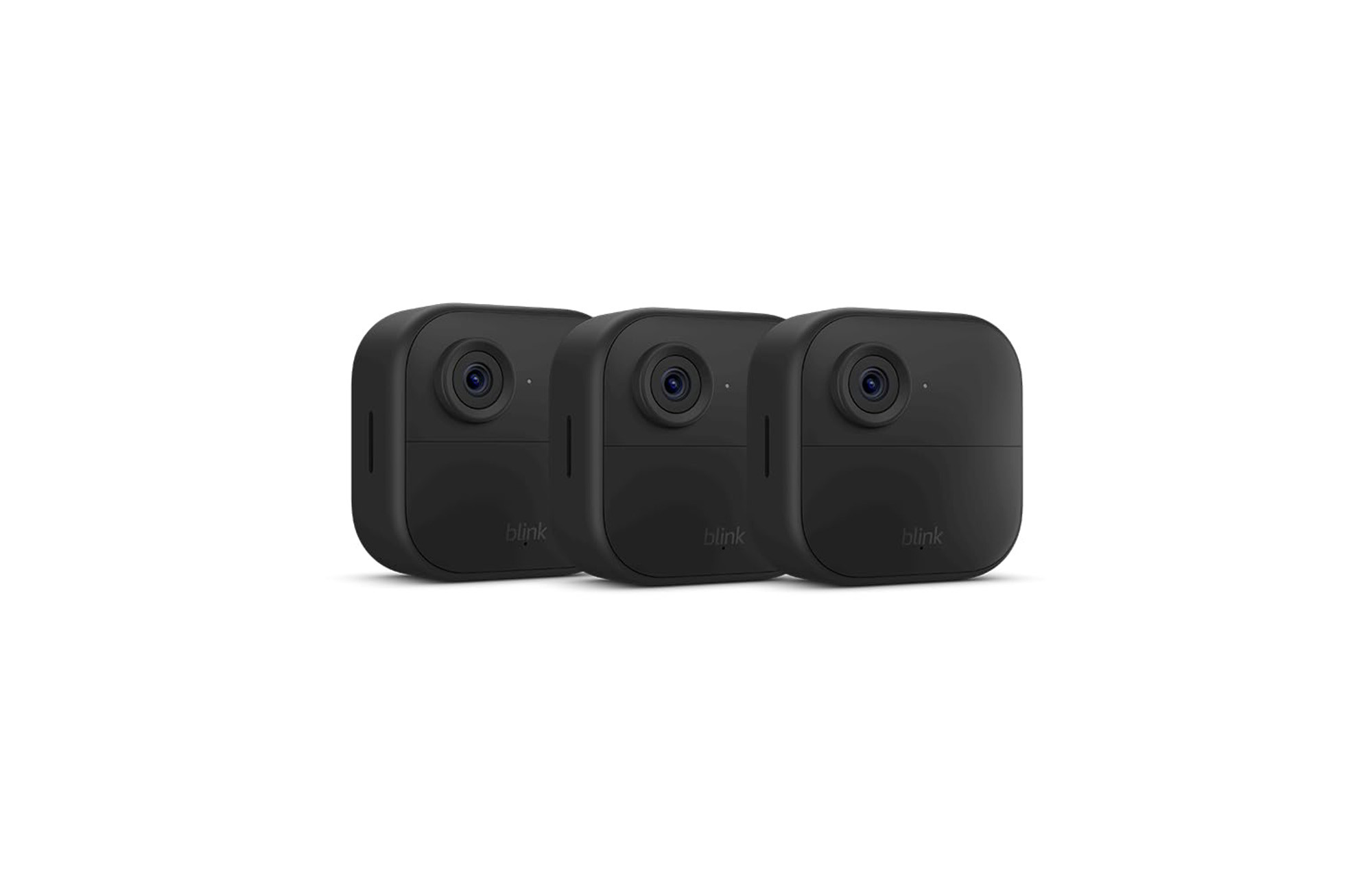 Blink Outdoor Security Camera System, showing three outdoor cameras and their wireless design for home security and surveillance.